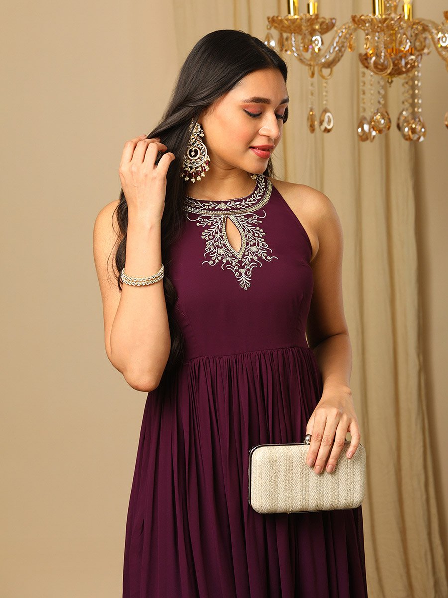 Zari Embroidered Keyhole Detail Fusion Maxi Dress