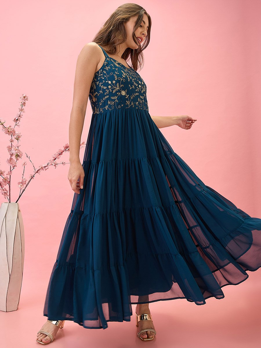 Sequined Floral Embroidered Georgette Maxi Dress
