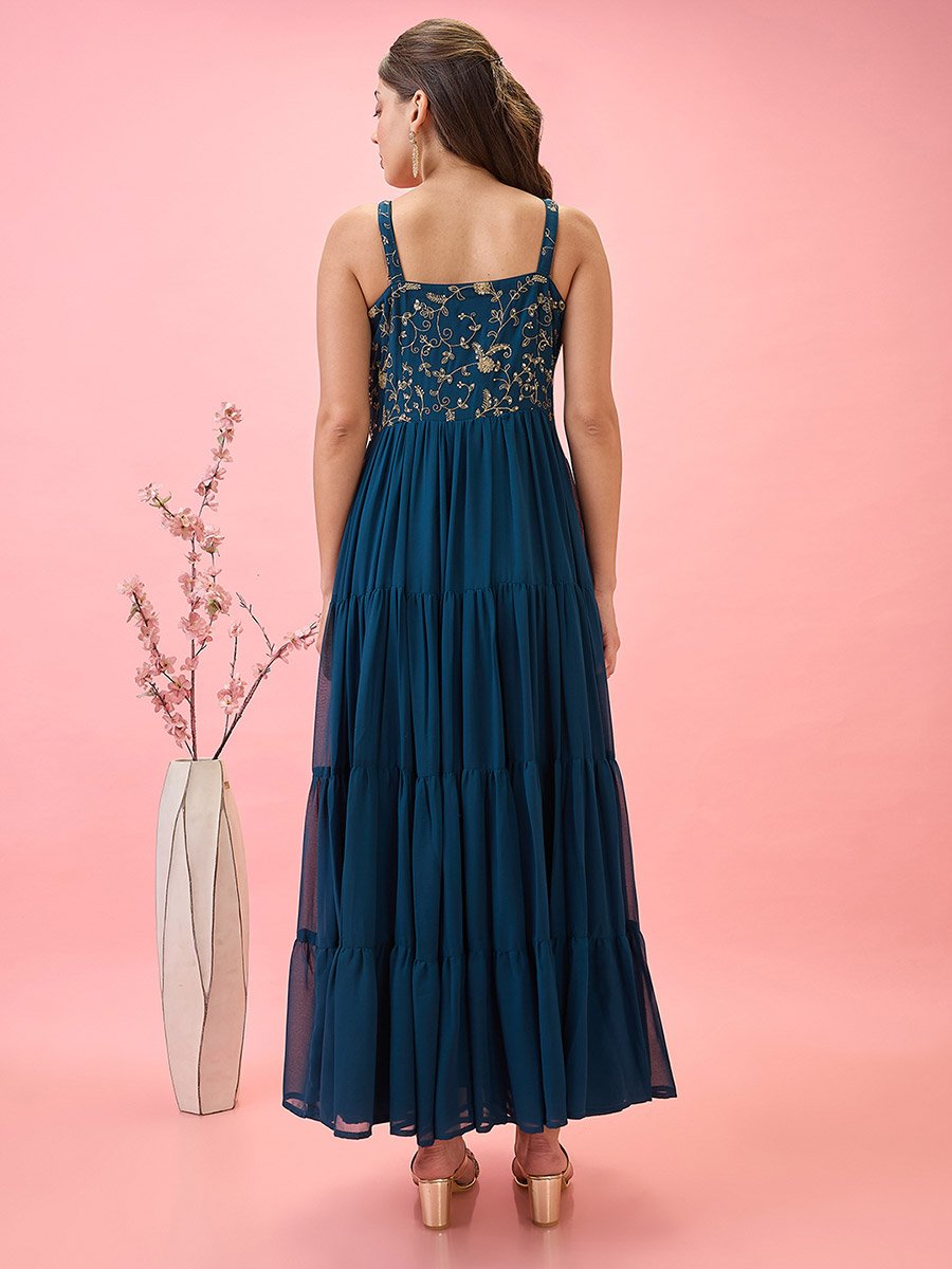 Sequined Floral Embroidered Georgette Maxi Dress