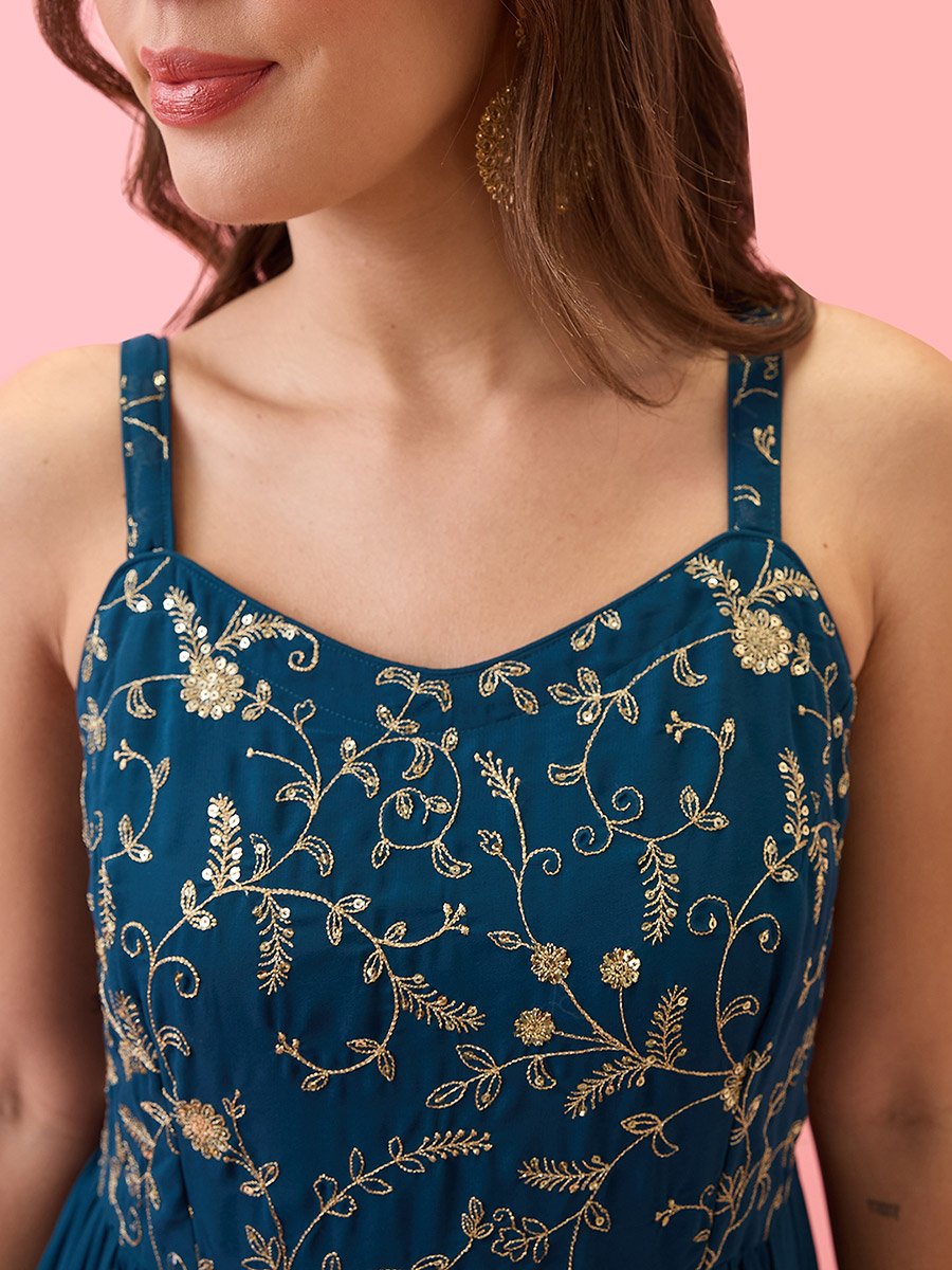 Sequined Floral Embroidered Georgette Maxi Dress