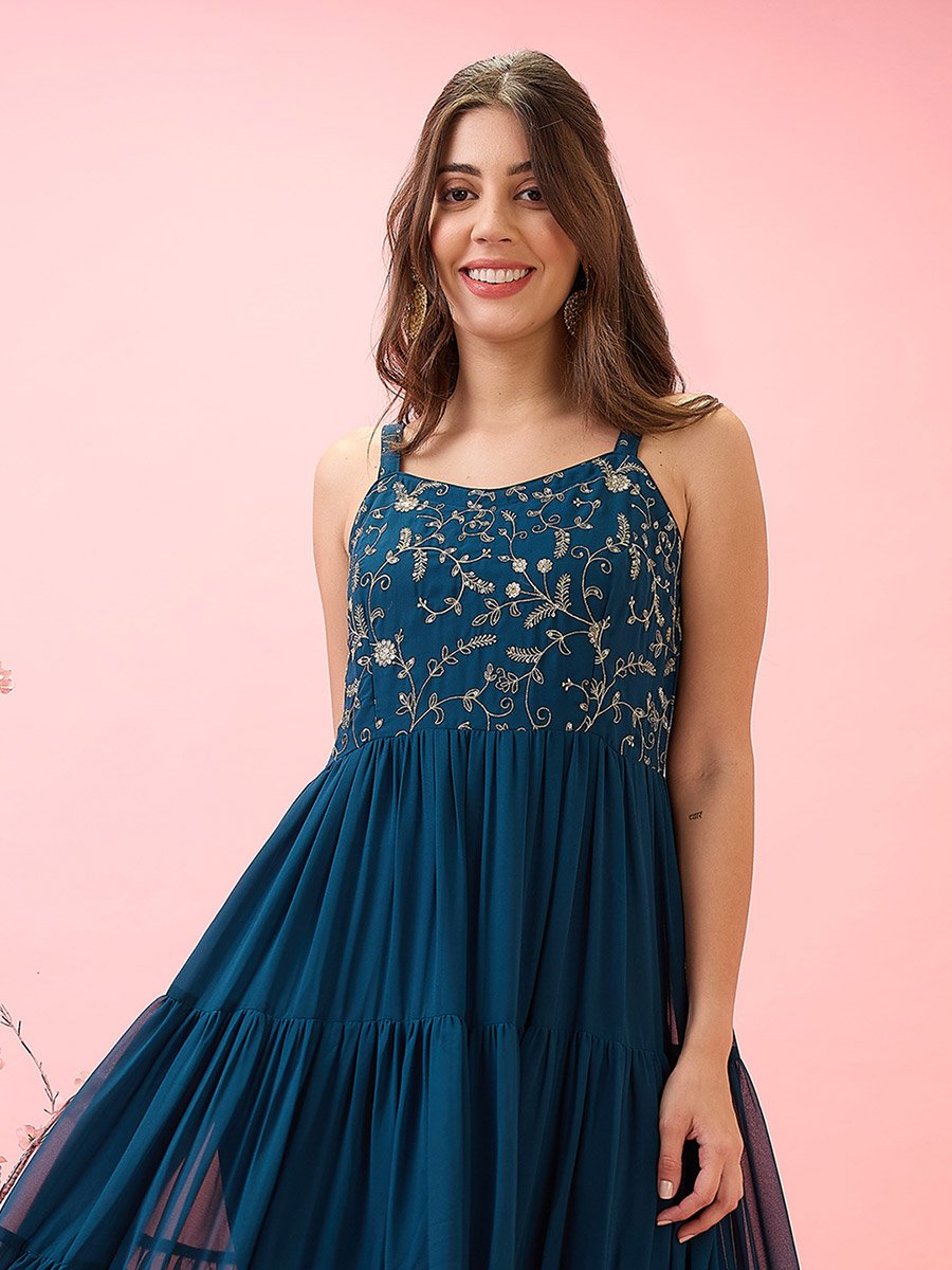 Sequined Floral Embroidered Georgette Maxi Dress