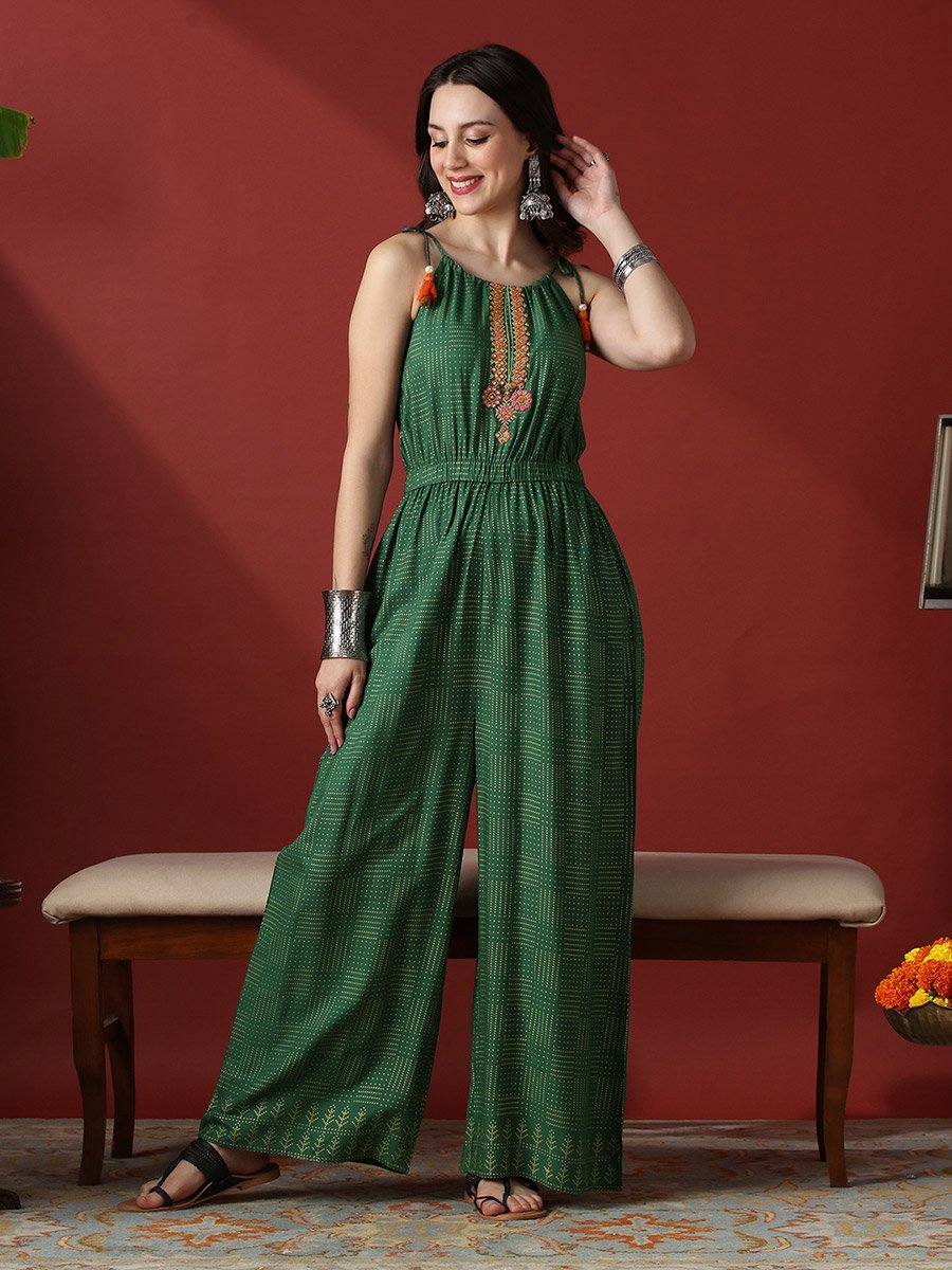 Women Embroidered Yoke Tie-Up Straps Fusion Jumpsuit