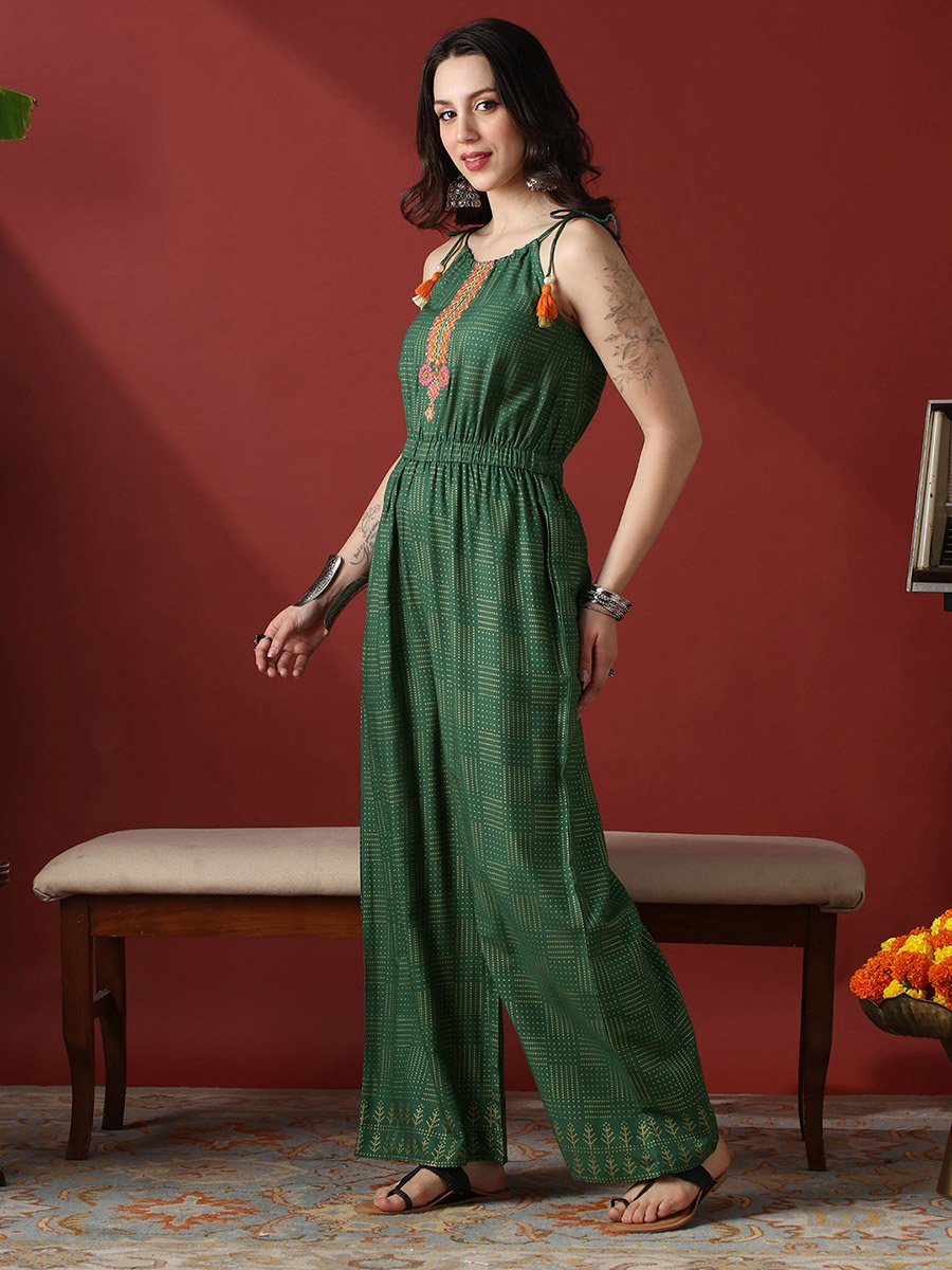 Women Embroidered Yoke Tie-Up Straps Fusion Jumpsuit