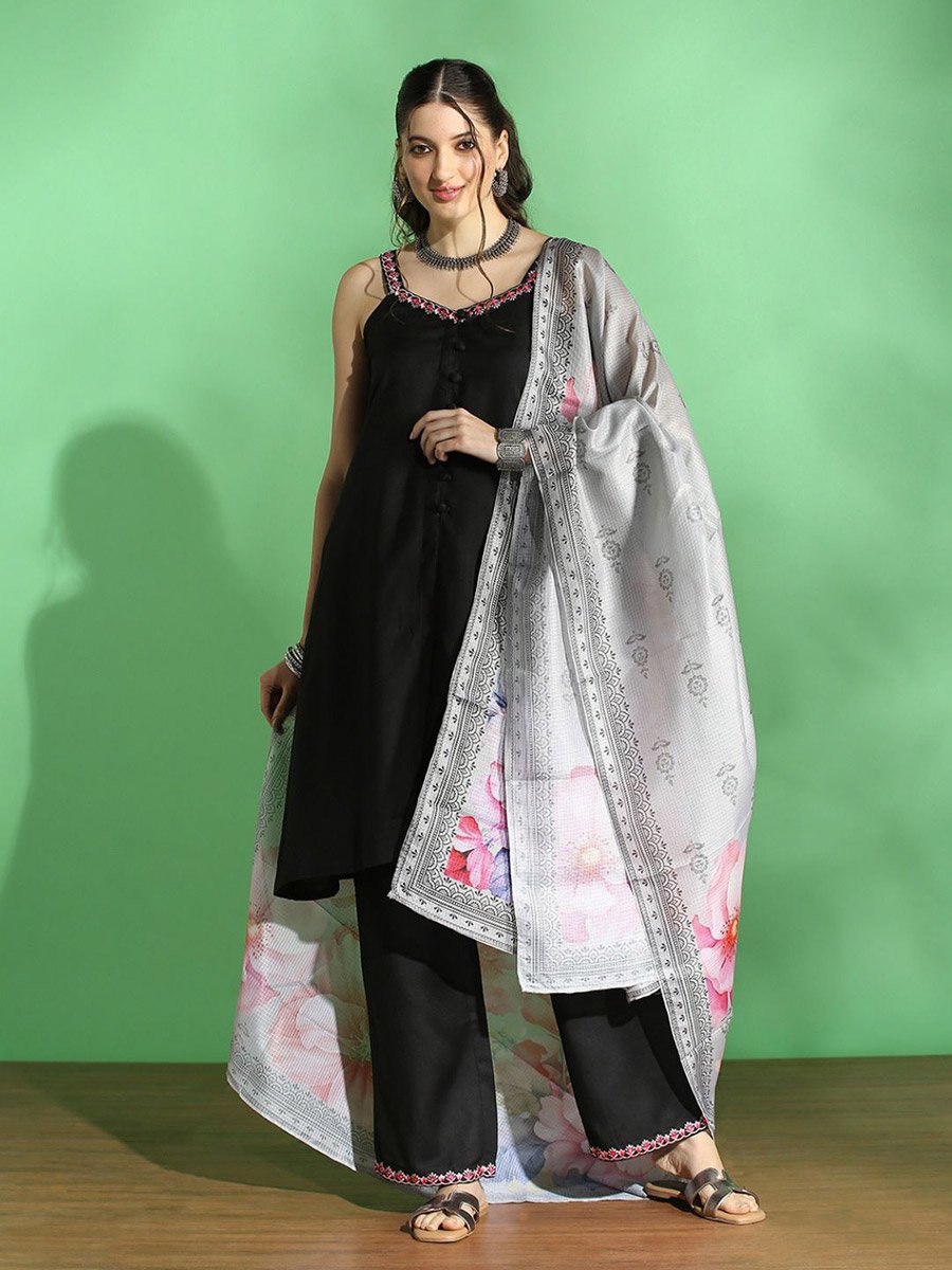 Embroidered Front Slit Kurta, Pants and Floral Prind Dupatta Set