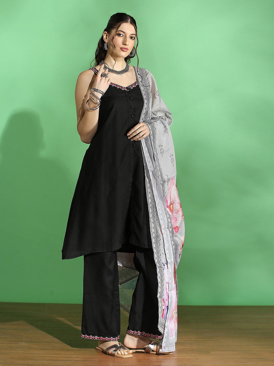 Embroidered Front Slit Kurta, Pants and Floral Prind Dupatta Set
