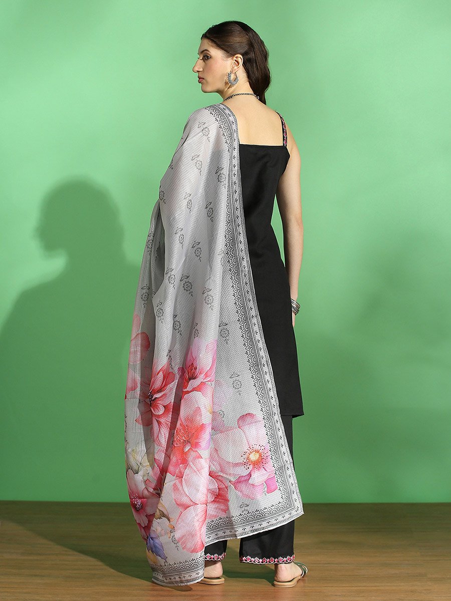 Embroidered Front Slit Kurta, Pants and Floral Prind Dupatta Set