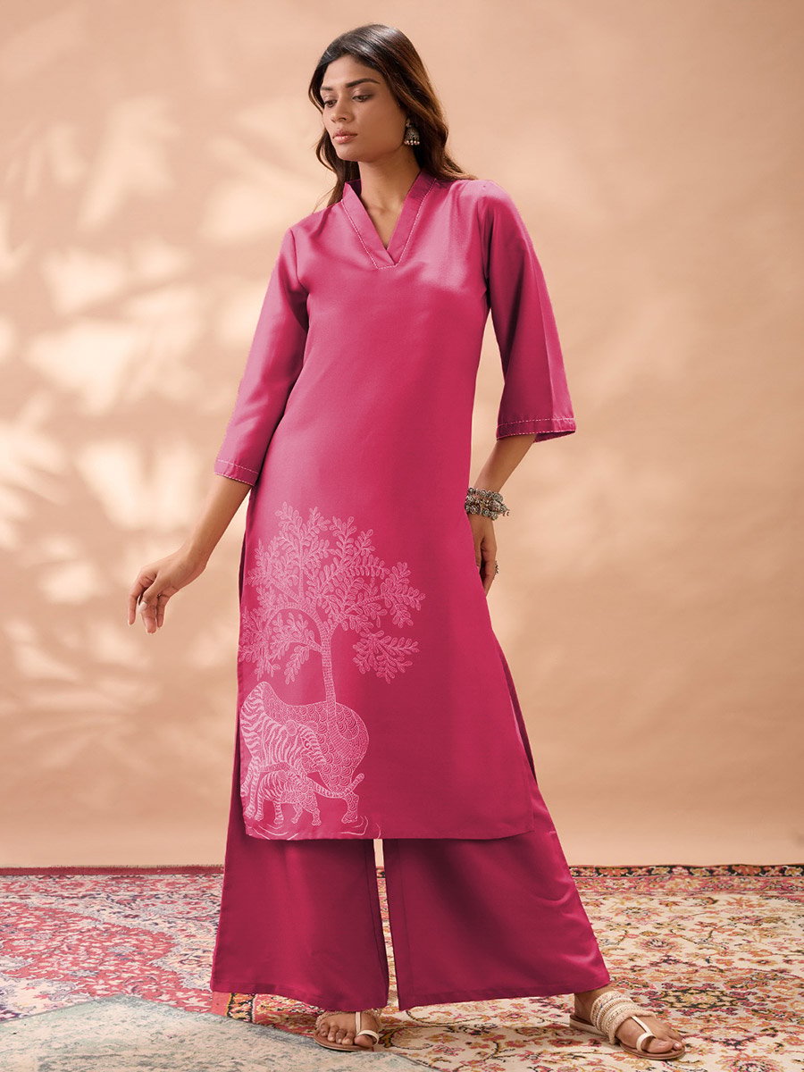 Gond Animal Print Bell Sleeves Straight Kurta and Wide Leg Pant Set