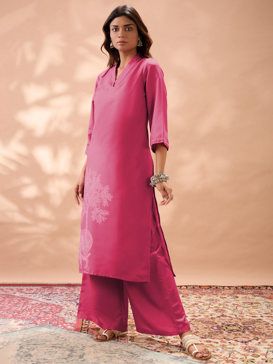 Gond Animal Print Bell Sleeves Straight Kurta and Wide Leg Pant Set