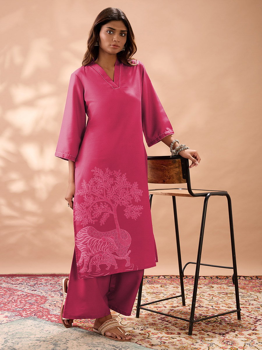Gond Animal Print Bell Sleeves Straight Kurta and Wide Leg Pant Set