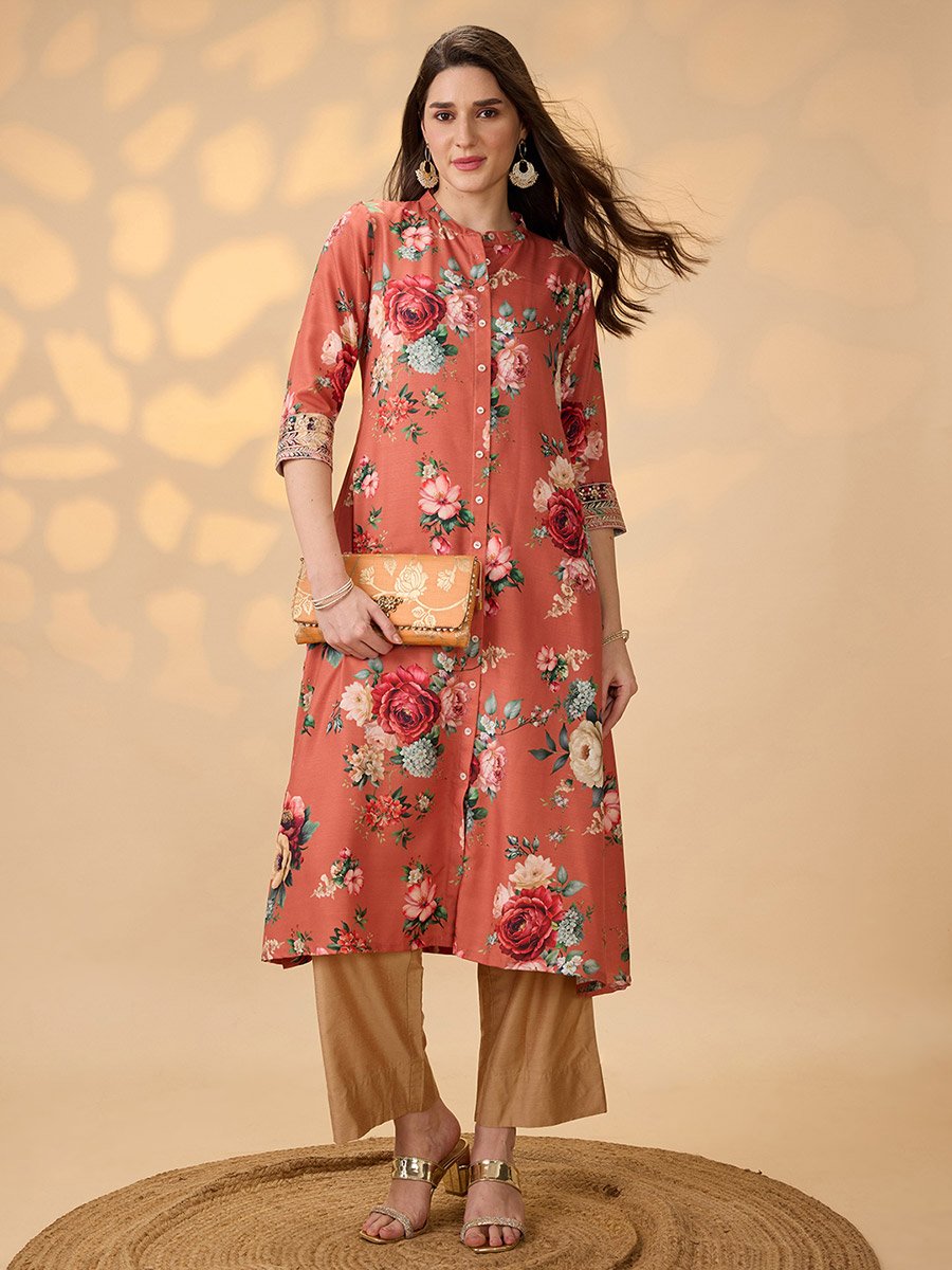 Floral Print Button Placket A-Line Festive Kurta