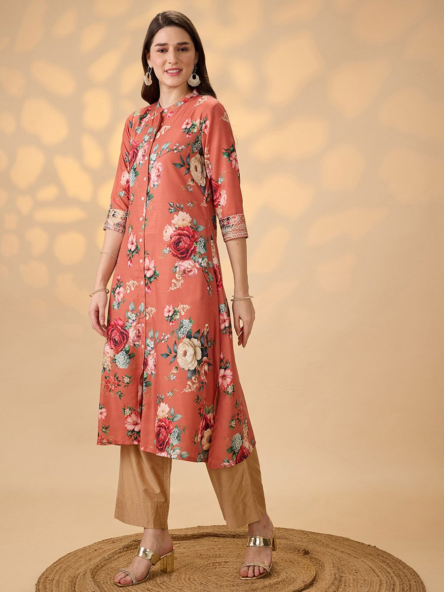 Floral Print Button Placket A-Line Festive Kurta