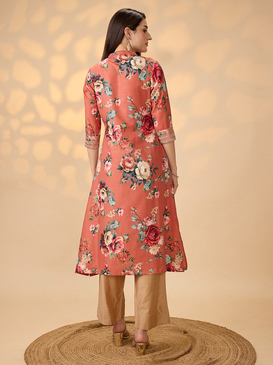 Floral Print Button Placket A-Line Festive Kurta