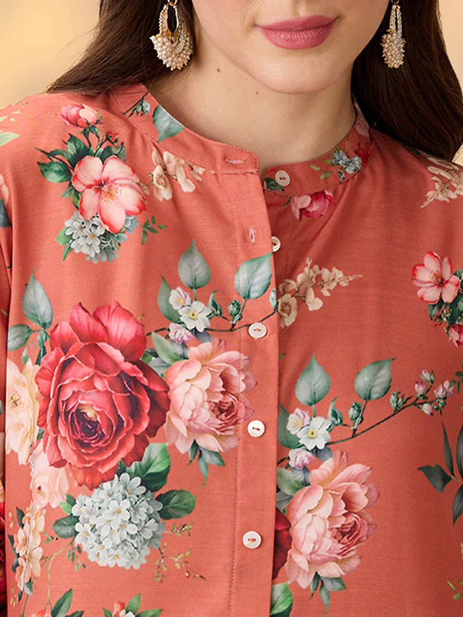 Floral Print Button Placket A-Line Festive Kurta