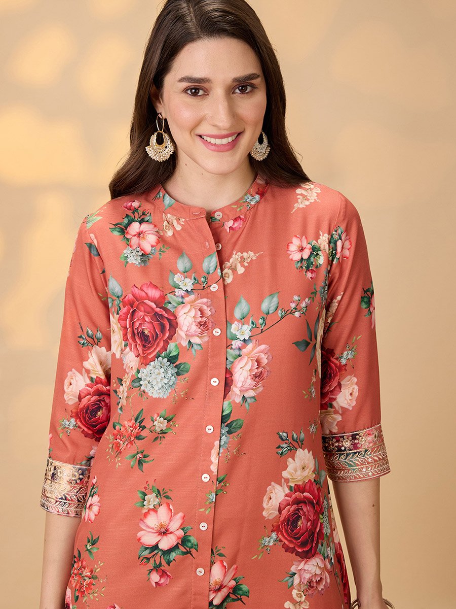 Floral Print Button Placket A-Line Festive Kurta