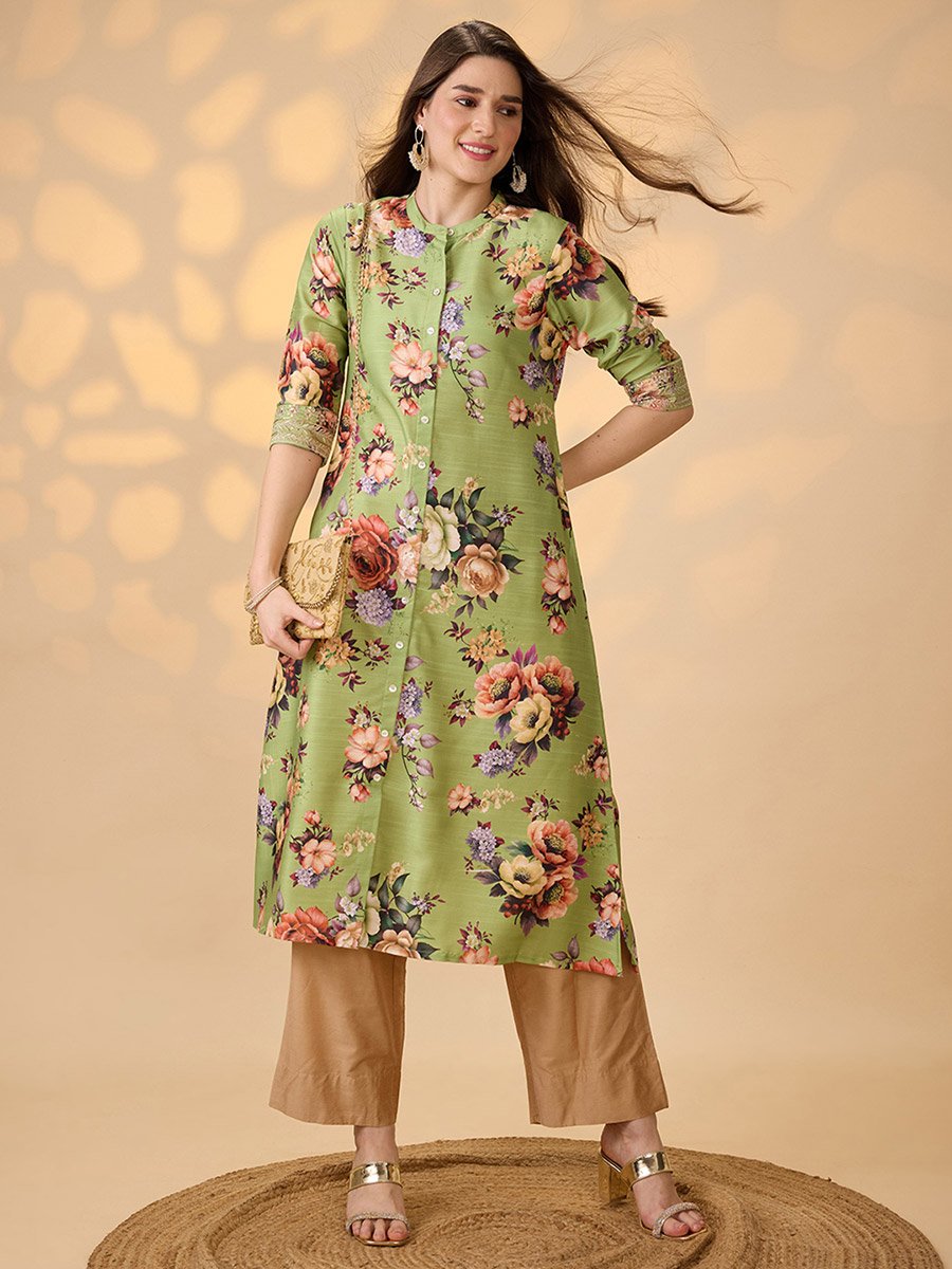 Floral Print Button Placket A-Line Festive Kurta