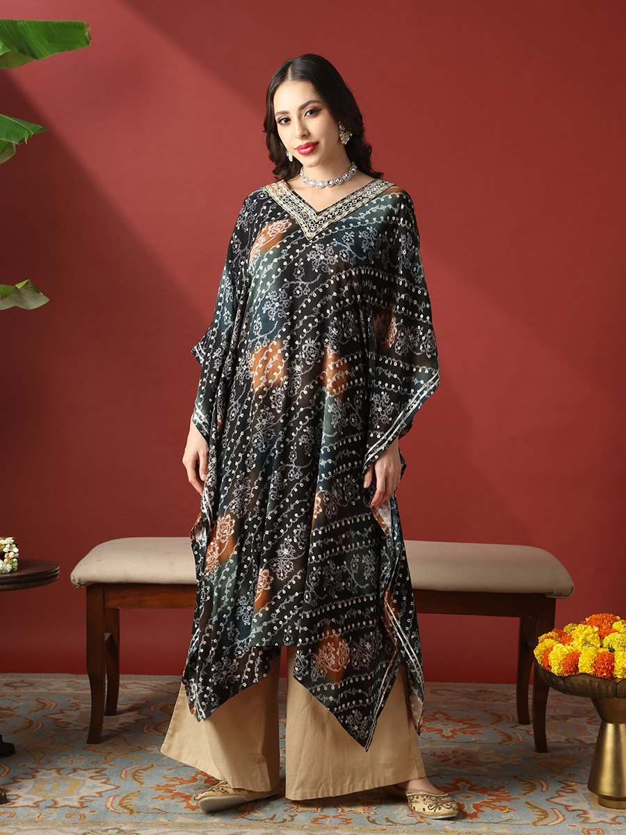 Zari Embroidered Ethnic Print Gotta Patti Fusion Kaftan Kurta