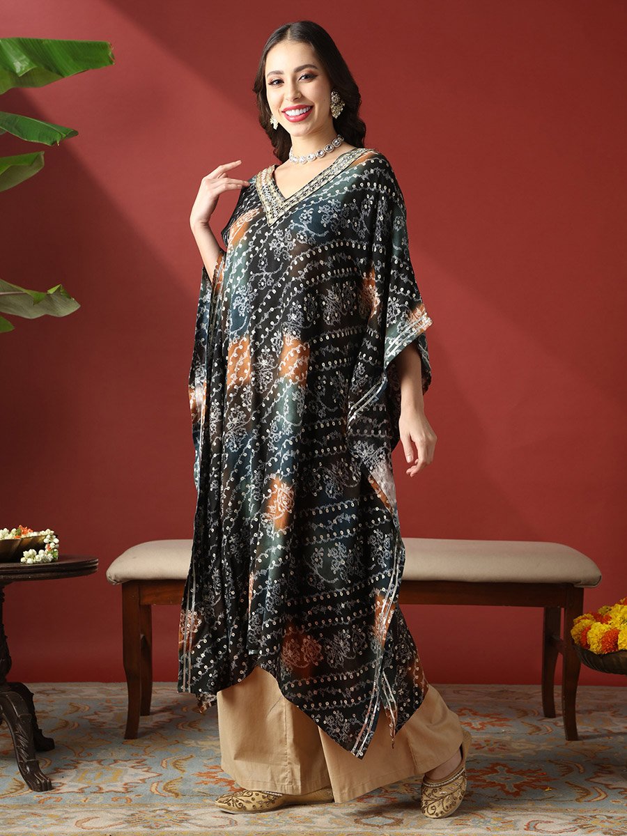 Zari Embroidered Ethnic Print Gotta Patti Fusion Kaftan Kurta