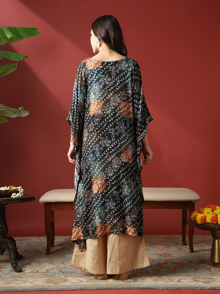 Zari Embroidered Ethnic Print Gotta Patti Fusion Kaftan Kurta