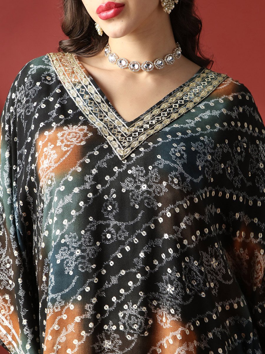 Zari Embroidered Ethnic Print Gotta Patti Fusion Kaftan Kurta