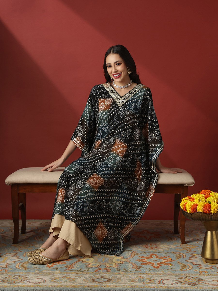 Zari Embroidered Ethnic Print Gotta Patti Fusion Kaftan Kurta