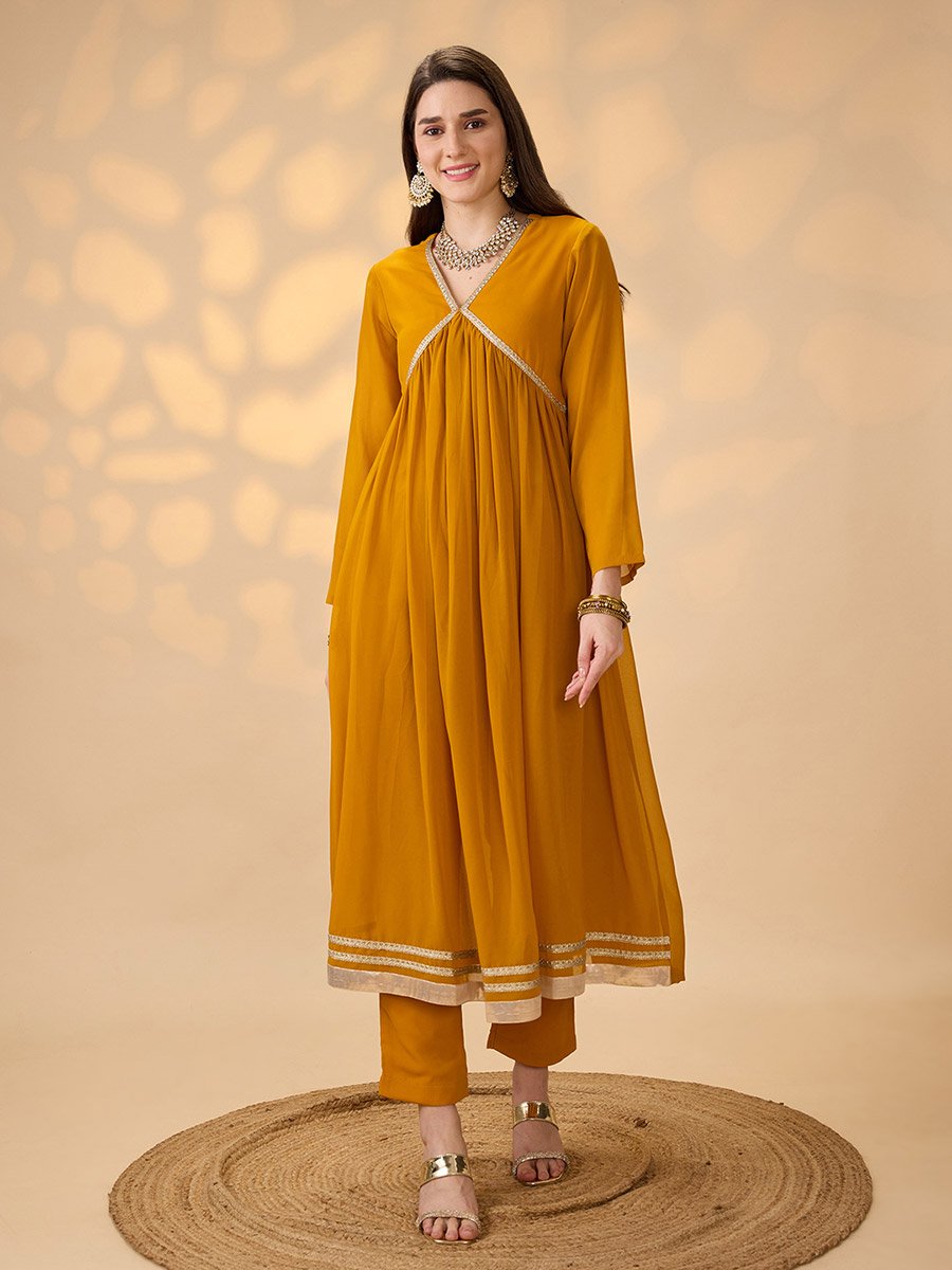 Globus Women Mustard V-Neck Gathered Gotta Patti Detail Flared A-Line Alia Cut Kurta With Pants Festive Set