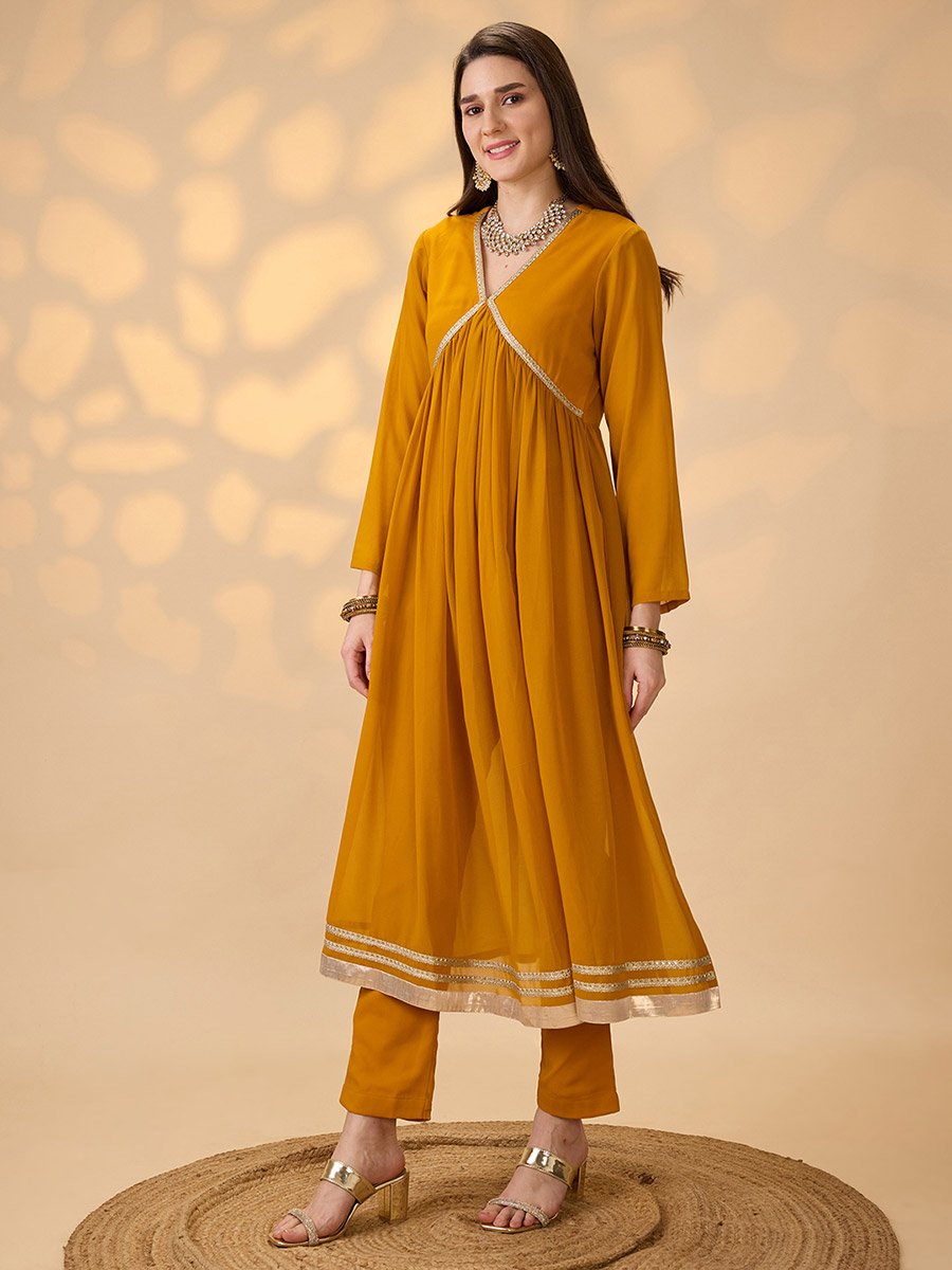 Globus Women Mustard V-Neck Gathered Gotta Patti Detail Flared A-Line Alia Cut Kurta With Pants Festive Set
