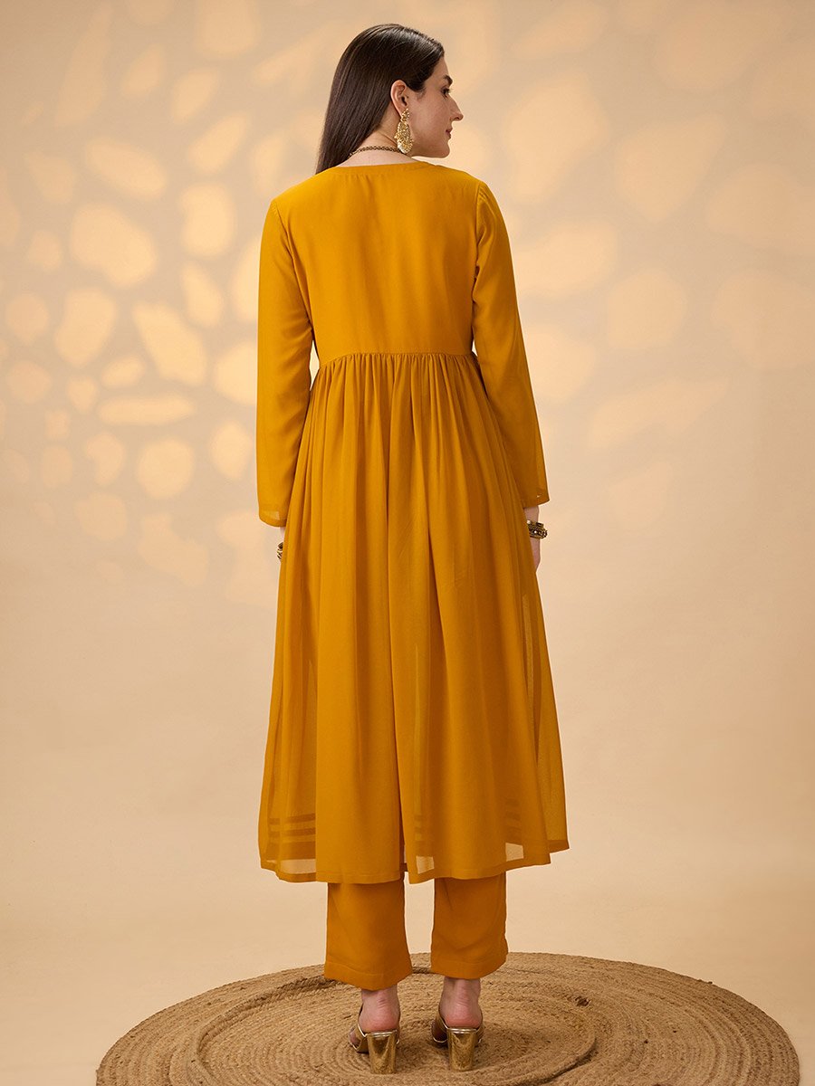 Globus Women Mustard V-Neck Gathered Gotta Patti Detail Flared A-Line Alia Cut Kurta With Pants Festive Set