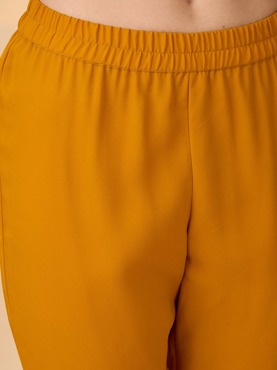 Globus Women Mustard V-Neck Gathered Gotta Patti Detail Flared A-Line Alia Cut Kurta With Pants Festive Set