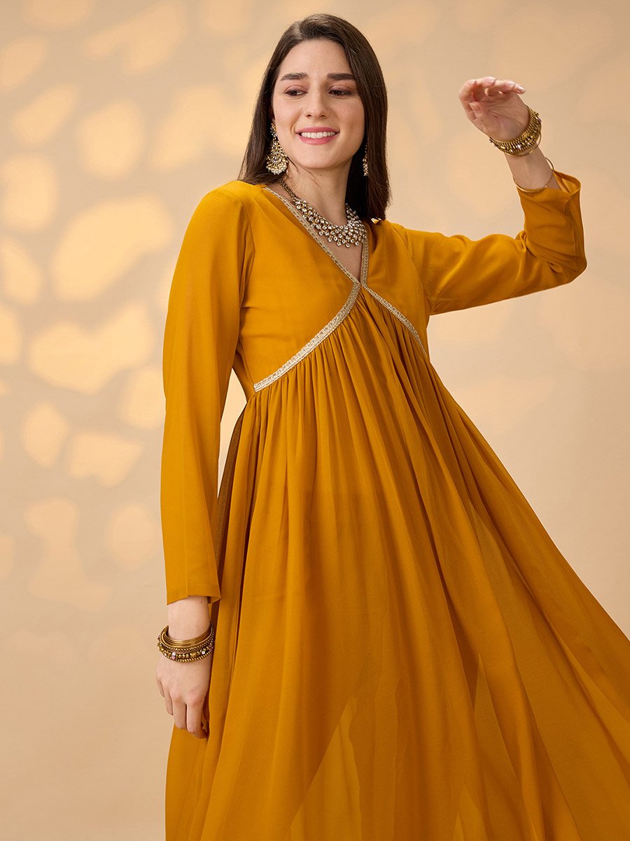 Globus Women Mustard V-Neck Gathered Gotta Patti Detail Flared A-Line Alia Cut Kurta With Pants Festive Set