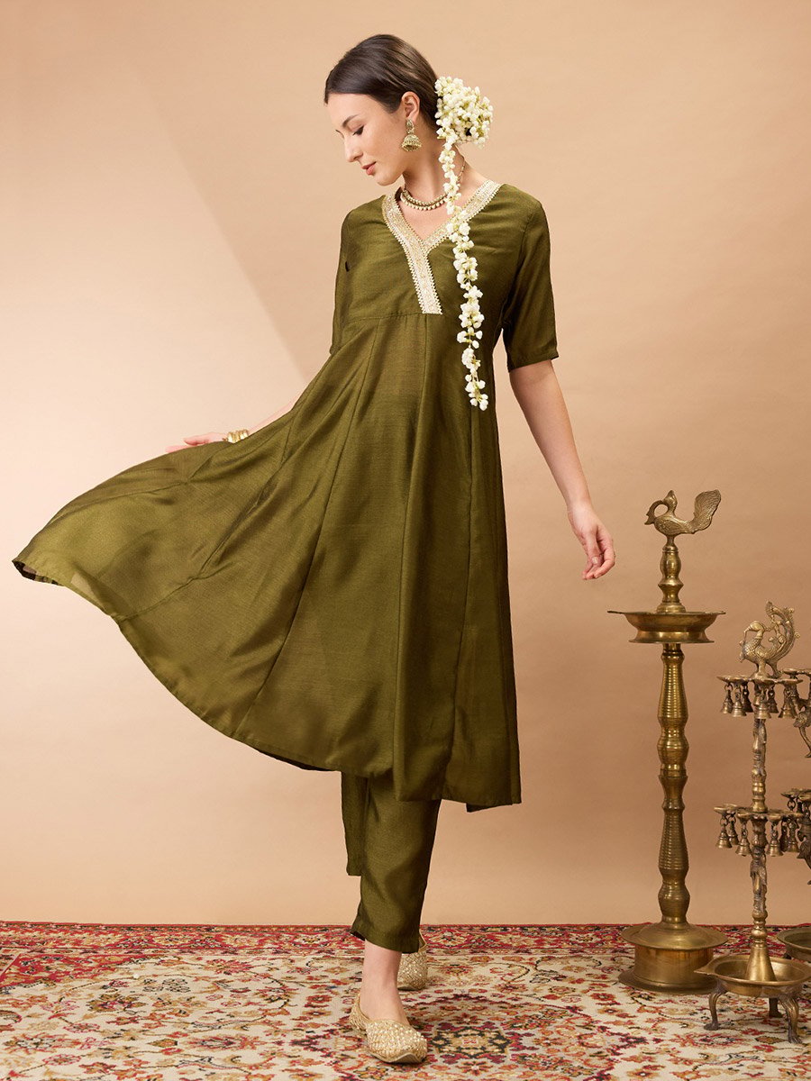 V Neck Lace Detail Anarkali Kurta and Straight Pant Festive Set