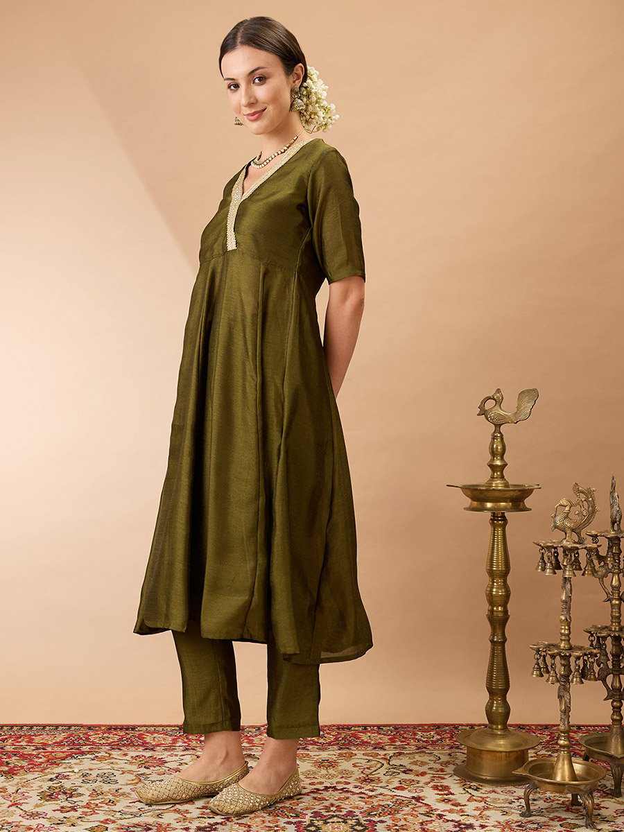 V Neck Lace Detail Anarkali Kurta and Straight Pant Festive Set