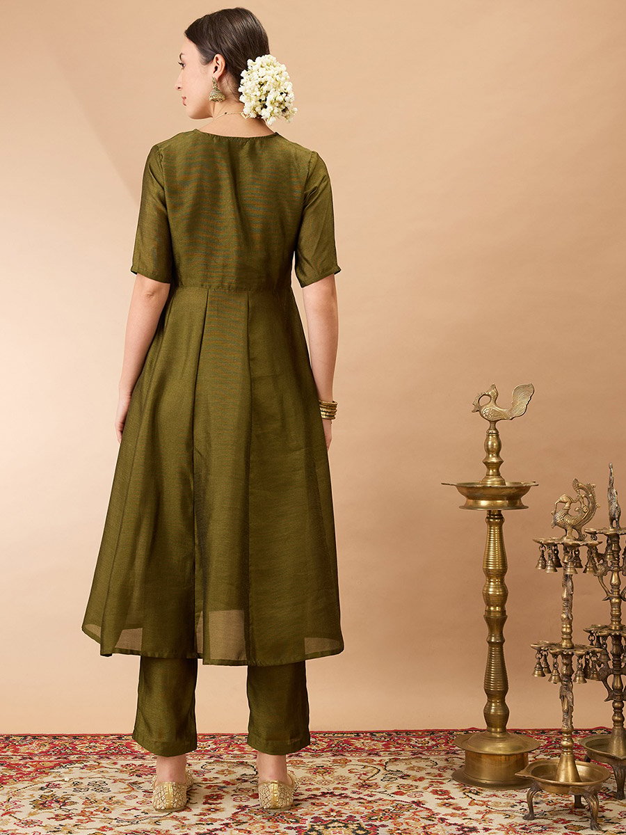 V Neck Lace Detail Anarkali Kurta and Straight Pant Festive Set