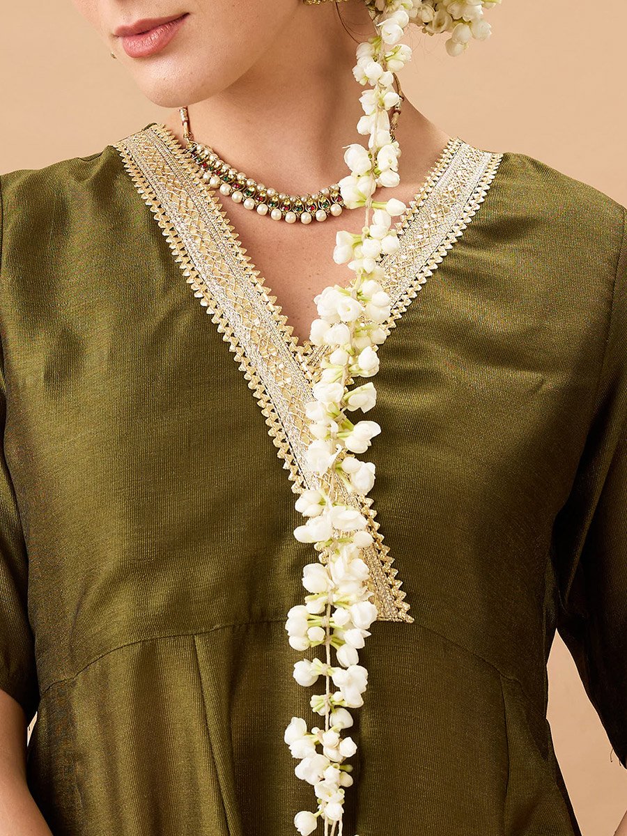 V Neck Lace Detail Anarkali Kurta and Straight Pant Festive Set
