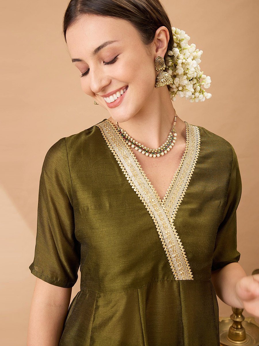 V Neck Lace Detail Anarkali Kurta and Straight Pant Festive Set