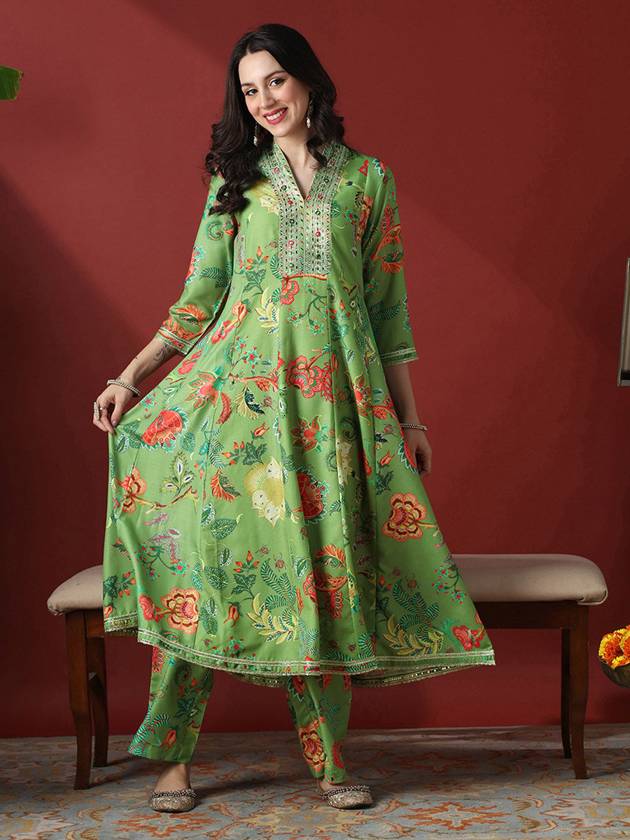 Zari Embroidered Floral Print Anarkali Kurta and Pants Festive Set