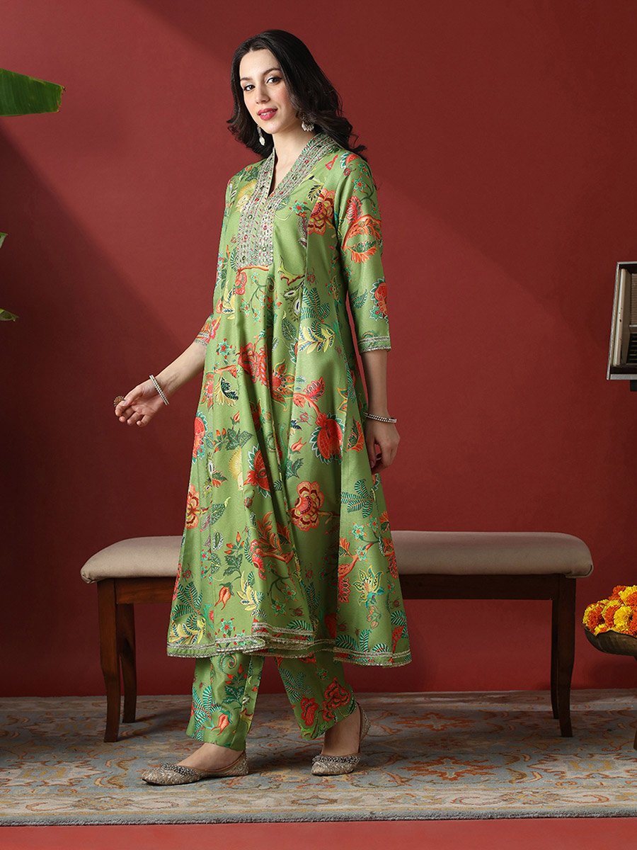 Zari Embroidered Floral Print Anarkali Kurta and Pants Festive Set