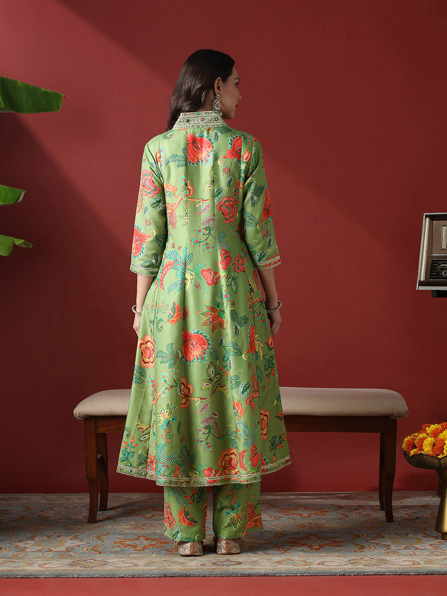 Zari Embroidered Floral Print Anarkali Kurta and Pants Festive Set