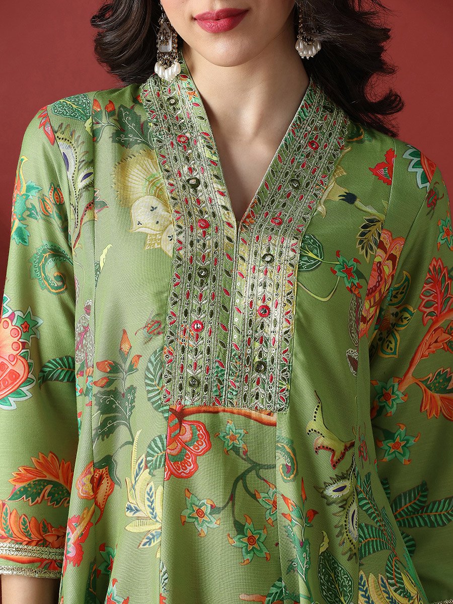 Zari Embroidered Floral Print Anarkali Kurta and Pants Festive Set