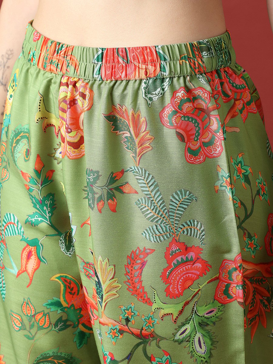 Zari Embroidered Floral Print Anarkali Kurta and Pants Festive Set