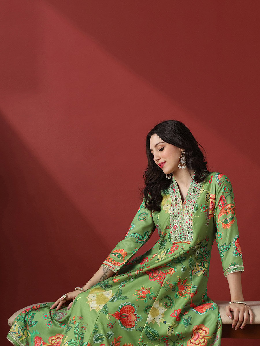 Zari Embroidered Floral Print Anarkali Kurta and Pants Festive Set