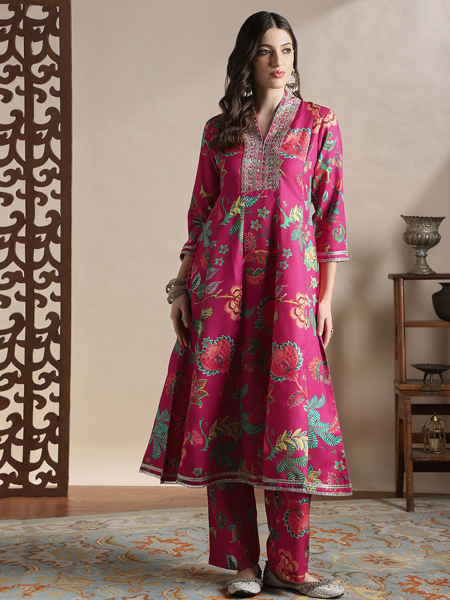 Zari Embroidered Floral Print Anarkali Kurta and Pants Festive Set