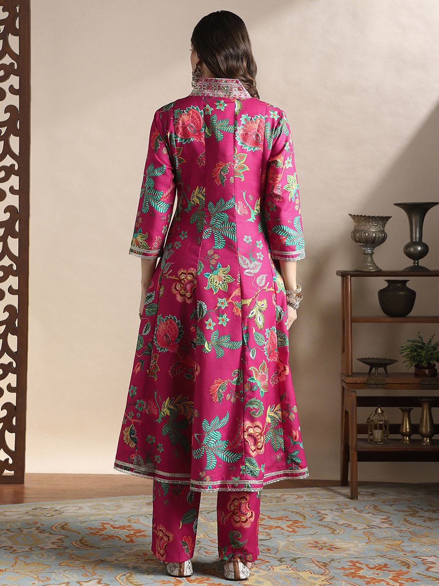 Zari Embroidered Floral Print Anarkali Kurta and Pants Festive Set