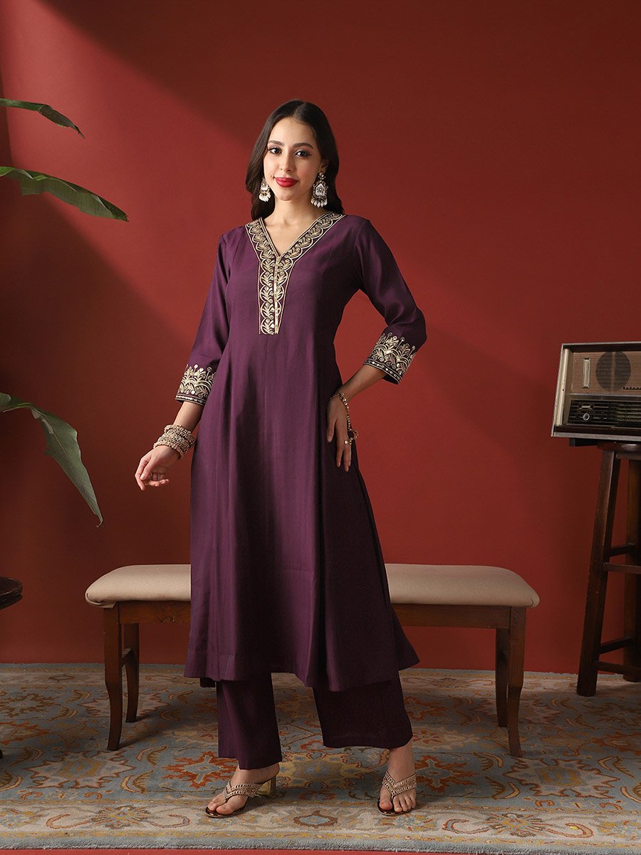 Zari Embroidered Anarkali Kurta and Wide Leg Pants Festive Set