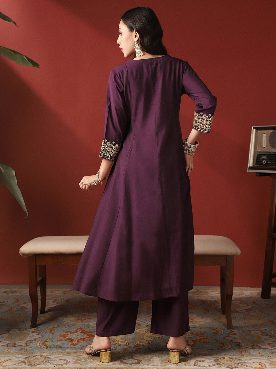 Zari Embroidered Anarkali Kurta and Wide Leg Pants Festive Set