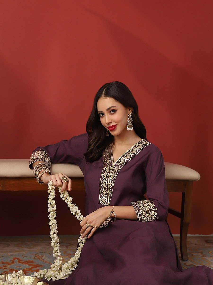 Zari Embroidered Anarkali Kurta and Wide Leg Pants Festive Set