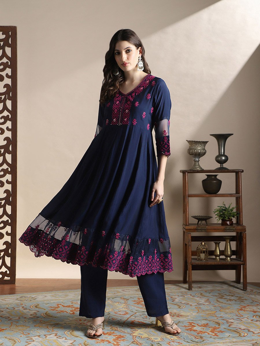 Sequin Embroidered Flared Hem Kurta and Pants Festive Set