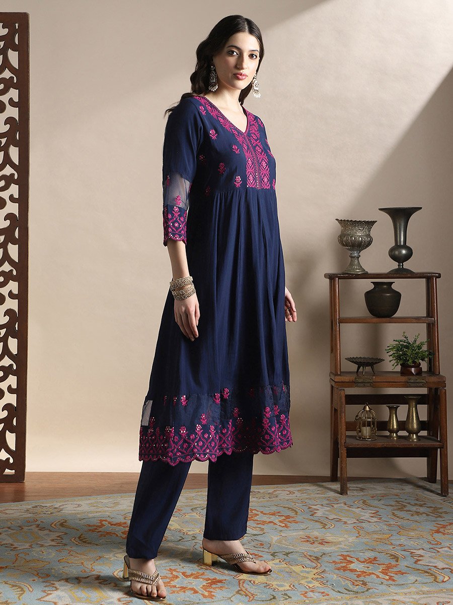 Sequin Embroidered Flared Hem Kurta and Pants Festive Set