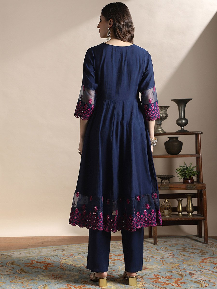 Sequin Embroidered Flared Hem Kurta and Pants Festive Set