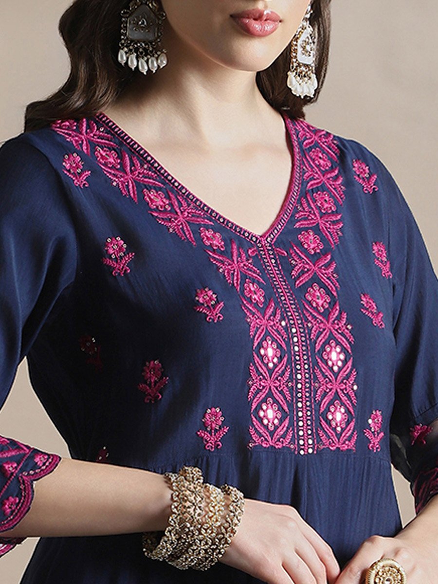 Sequin Embroidered Flared Hem Kurta and Pants Festive Set