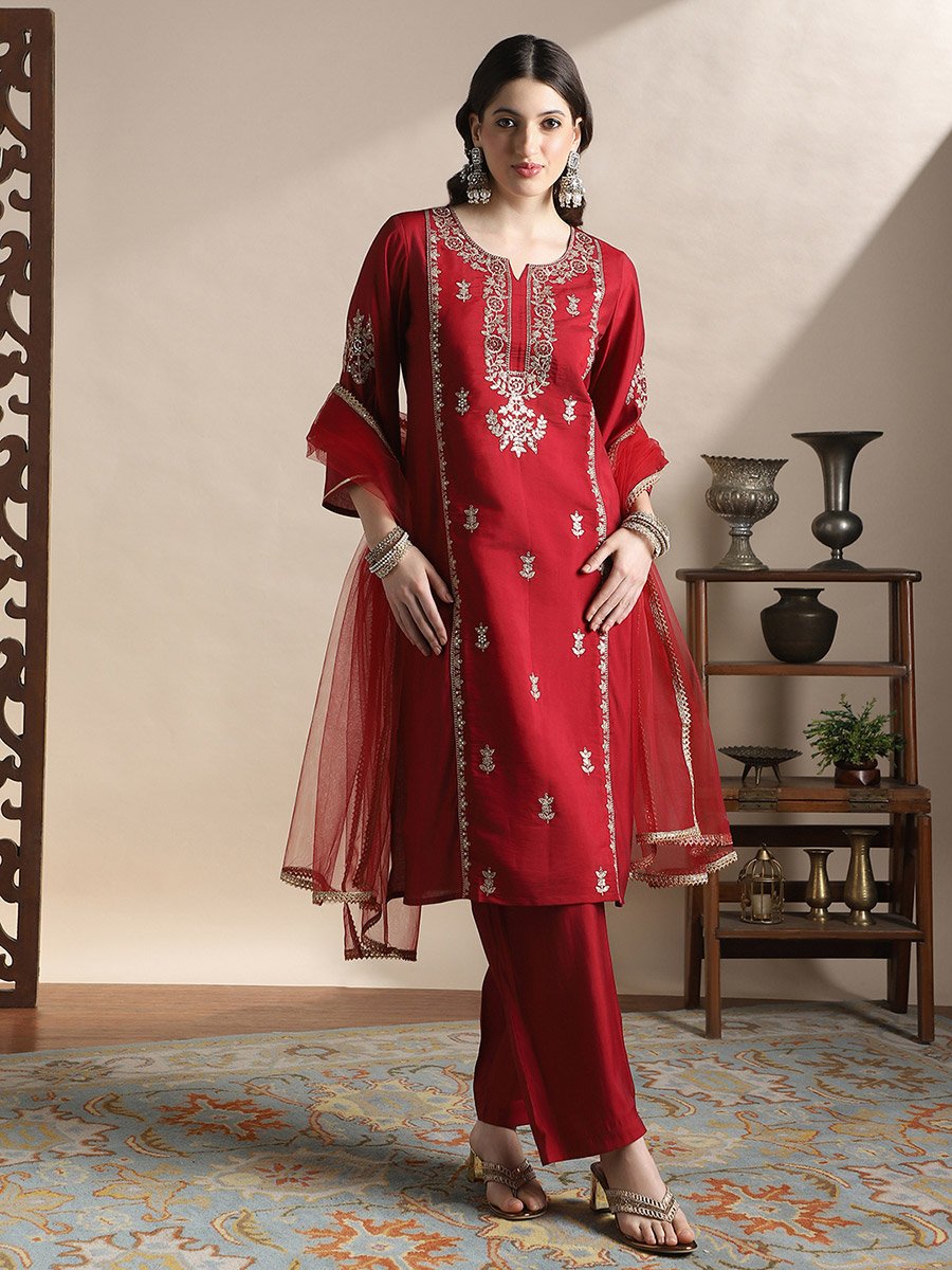 Embroidered Yoke Zari Work Straight Kurta, Pants and Dupatta Festive Set